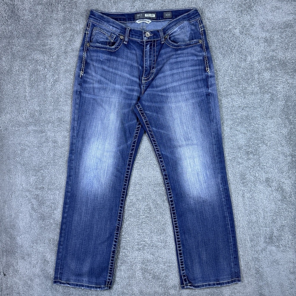 BKE Tyler Jeans Mens 33S Straight Demin Buckle Whisker Western Cowboy Utility